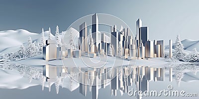 A city in the middle of a snowy landscape. Generative AI image. Winter cosmetic product presentation. Stock Photo