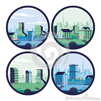 City minimal cityscape scenes in circulars frame Vector Illustration