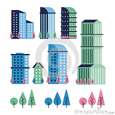 City minimal scene set icons Vector Illustration