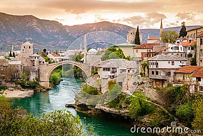 City of Mostar and Neretva River Stock Photo