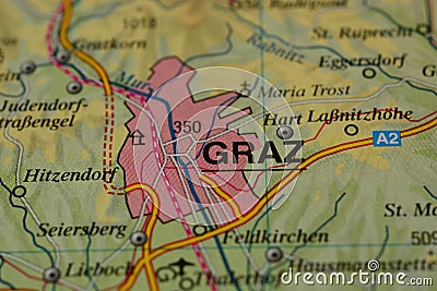 The city name GRAZ, Austria, on the map Editorial Stock Photo