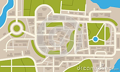 City navigation map. Flat plan of streets parks and river with top view, simple cartoon city map. Vector downtown Vector Illustration