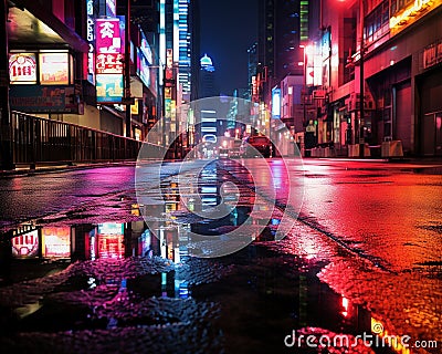 The city neon wet generative ligth rn street reflection is paraphrased. Cartoon Illustration