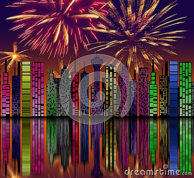 City at night. Fireworks on sky. Happy new year Stock Photo