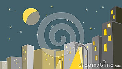 Modern city at night under moonlit sky Cartoon Illustration