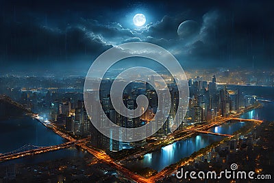 City night moon lights rain gleaming digital painting highly detailed Stock Photo