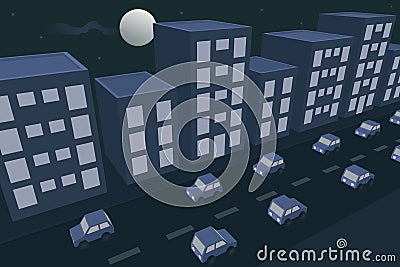 city moonlight night traffic street 3d perspective aerial view Cartoon Illustration