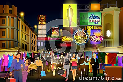 City nightlife of busy street Vector Illustration