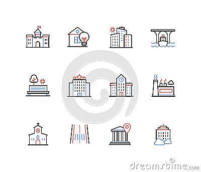 City objects and architecture - line design style icons Vector Illustration