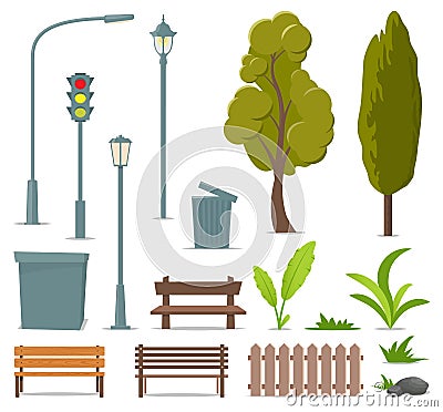 City and outdoor elements. Set of urban objects. Street lamp, traffic light, tree, bench, trash can, urn, bushes, grass, plants, Cartoon Illustration