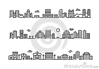 City outline landscape. Cityscape with business centers and offices skyscrapers public transport and cars. Suburban Vector Illustration