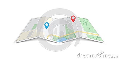 City Paper Map with pin. Red and blue direction pointer on folded city map, gps navigation and travel brochure. Vector Cartoon Illustration