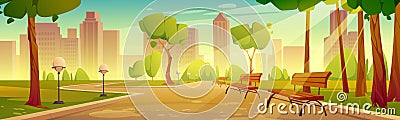 City park with benches summer scenery landscape Vector Illustration