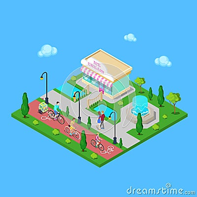 City Park with Bicycle Path. Family Riding on the Bicycles Vector Illustration