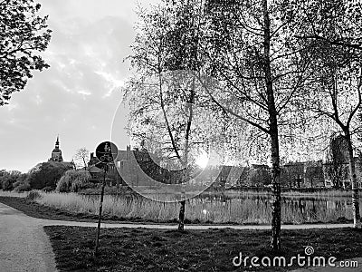 The city park in black and white round the lake Stock Photo