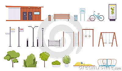 City park elements. Public rest place objects, walking zone parts, lanterns and benches, sports equipment and kids Stock Photo