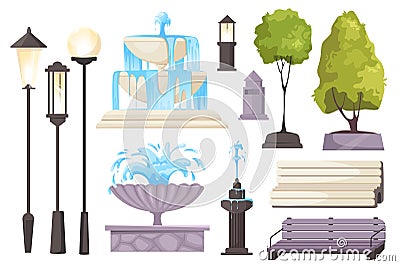 City park elements set graphic elements in flat design. Bundle of different types of street lamp and lanterns, fountains with Vector Illustration