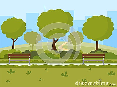 City park flat vector illustration. Outdoor leisure on nature public place, green trees, wooden benches and modern Vector Illustration