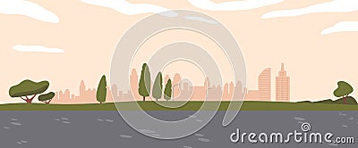 City Park Landscape with Area for Roller Skating, Green Trees and Skyscraper Silhouettes. Tranquil Oasis Vector Illustration