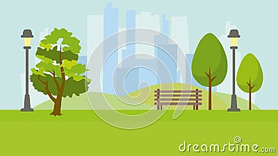 City park. Landscape on the background of tall houses Vector Illustration