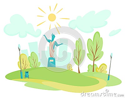 City park. Landscape on the background of tall houses. Monument in the middle of the park. Lawn and trees in flat style Vector Illustration