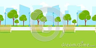 City park landscape, horizontal seamless background. Vector urban life illustration. Summer or spring cityscape Vector Illustration