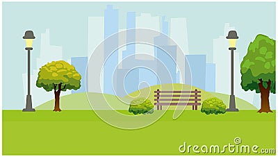 City Park, lights, trees, bench. Green horizontal background Vector Illustration