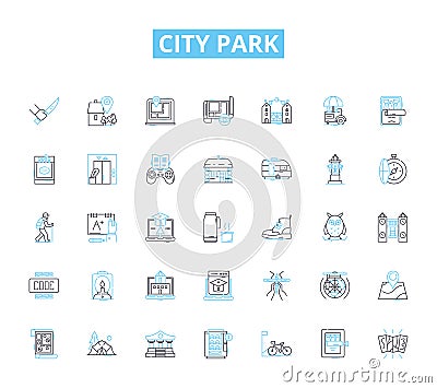 City park linear icons set. Greenery, Playground, Wildlife, Picnic, Trails, Relaxation, Scenery line vector and concept Vector Illustration