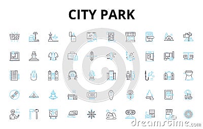 City park linear icons set. Greenery, Playground, Wildlife, Picnic, Trails, Relaxation, Scenery vector symbols and line Vector Illustration