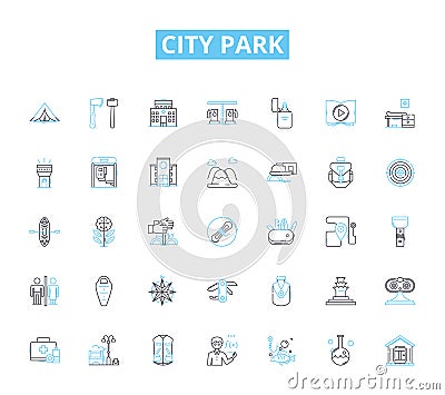 City park linear icons set. Greenery, Playground, Wildlife, Picnic, Trails, Relaxation, Scenery line vector and concept Vector Illustration