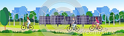 City park people cycling clean energy wind turbines solar energy panels river green lawn trees on city buildings Vector Illustration