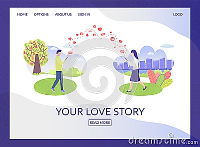 City park people in love characters and social media communication cartoon vector illustration. Vector Illustration