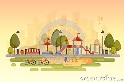 City park with playground. Sunset background. Vector Illustration