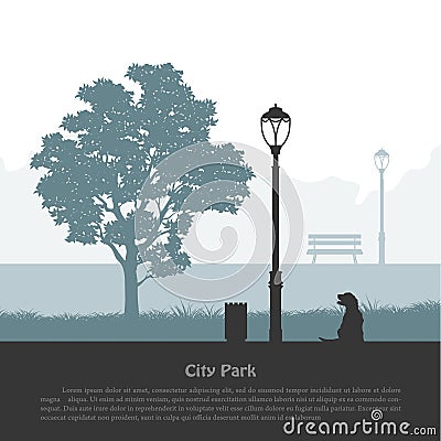 City park silhouette. Industrial outdoor landscape. Nature scene with tree and dog near lantern. Urban scene Vector Illustration
