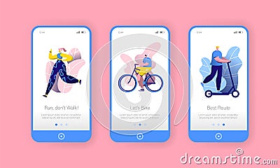 City Park Sport Lifestyle Mobile App Onboard Screen Set. Man Ride Bicycle, Woman Run. Outdoor Fitness People Character Vector Illustration