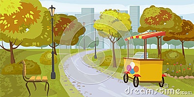 City park, trees, path leading to the city, bench, stall with ice cream, in the background city houses, vector, cartoon Vector Illustration