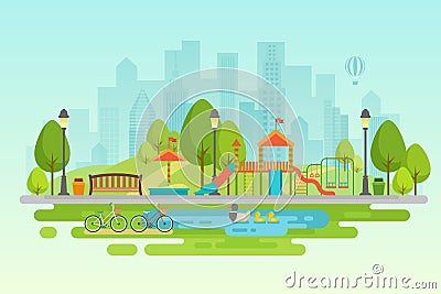 City park Urban outdoor decor, elements parks and alleys. Vector Illustration