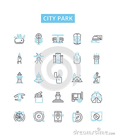 City park vector line icons set. Park, City, Green, Recreation, Outdoors, Bench, Grass illustration outline concept Vector Illustration