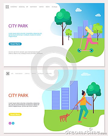 City Park Web Poster with Woman Riding on Roller Vector Illustration