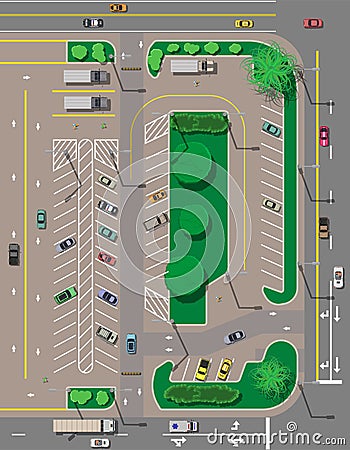 City parking lot with different cars Vector Illustration