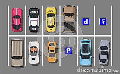 City parking lot with different cars Vector Illustration