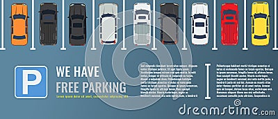 City parking lot with a group of different cars top view. Public car-park. Vector Flat illustration for web or poster Vector Illustration