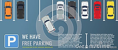 City parking lot with a group of different cars top view. Public car-park. Vector Flat illustration for web or poster Vector Illustration