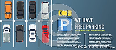 City parking lot with a group of different cars top view. Public car-park. Vector Flat illustration for web or poster Vector Illustration