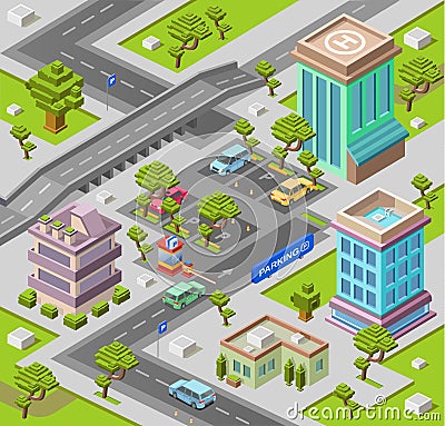 City parking lot isometric 3D vector illustration of modern urban office buildings and cars parking area map Vector Illustration