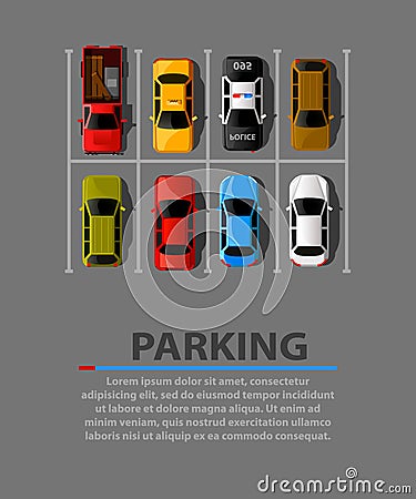 City parking vector web banner. Shortage parking spaces. Many cars in a crowded parking. Parking zone. Vector Illustration