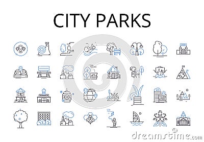 City parks line icons collection. Urban gardens, Metropolitan squares, Suburban trails, Country meadows, Coastal cliffs Vector Illustration