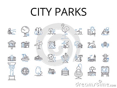 City parks line icons collection. Urban gardens, Metropolitan squares, Suburban trails, Country meadows, Coastal cliffs Vector Illustration