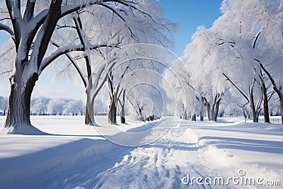 City parks snow covered trees bend, offering a text ready backdrop Stock Photo