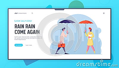 City Passers-by at Wet Rainy Autumn or Spring Weather Website Landing Page. Happy Drenched People with Umbrella Vector Illustration